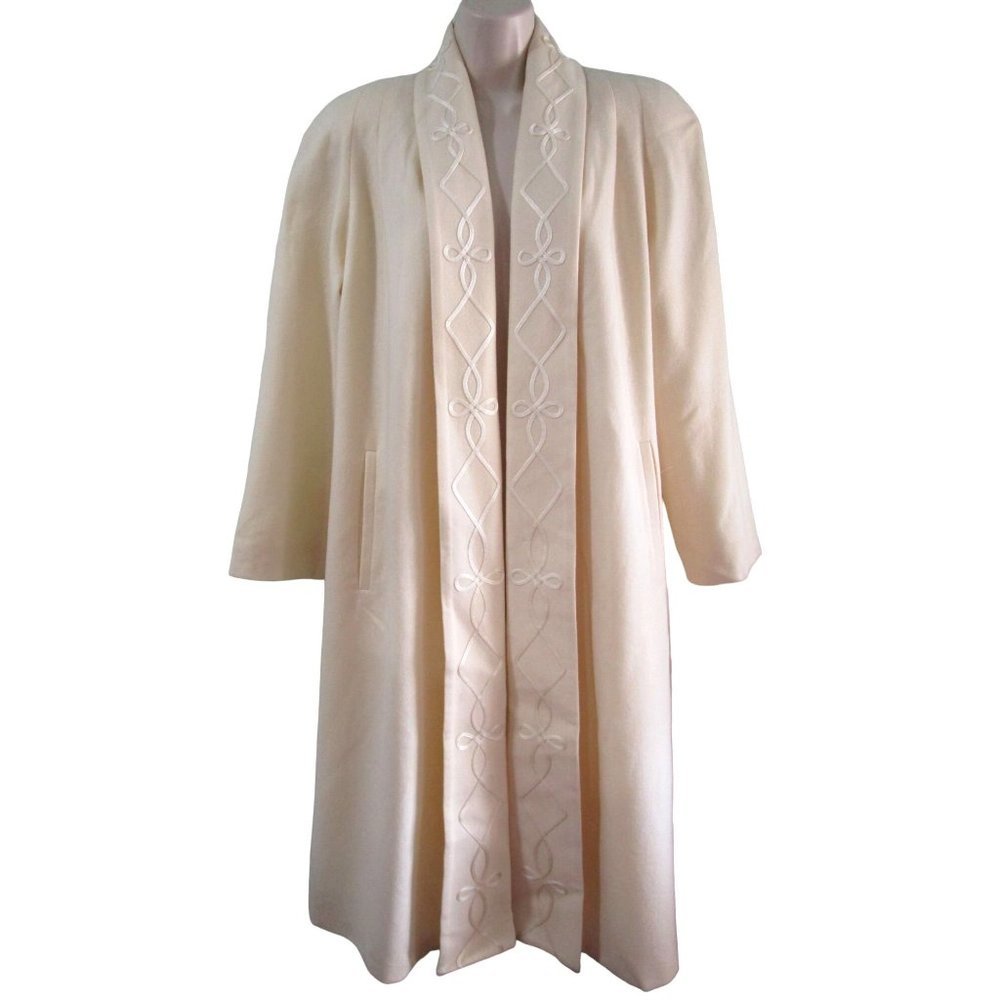 Alorna Winter White Wool Blend Open Coat Soutach Trim Shawl Collar No Sz GUC